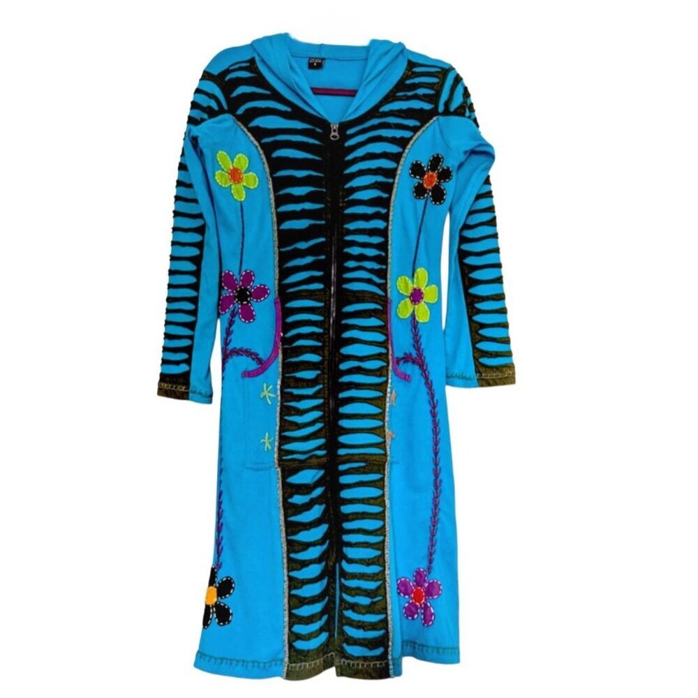Rising International Blue Razor Cut Floral Embroidered Zip Hoodie Long Jacket S